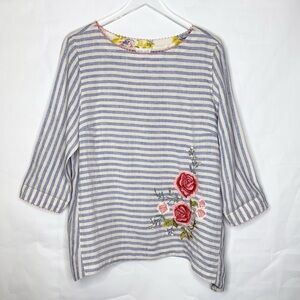 J. Jill Love Linen Striped Embroidered 3/4 Sleeve Blouse